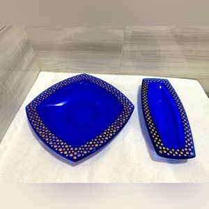 Vintage Cobalt Blue With Gold Hobnail Detail Walter Glass Set Of 2 Bowls 1960’s
